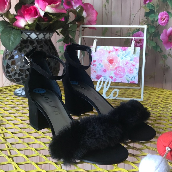 Unisa Shoes - Black Fur strappy heel